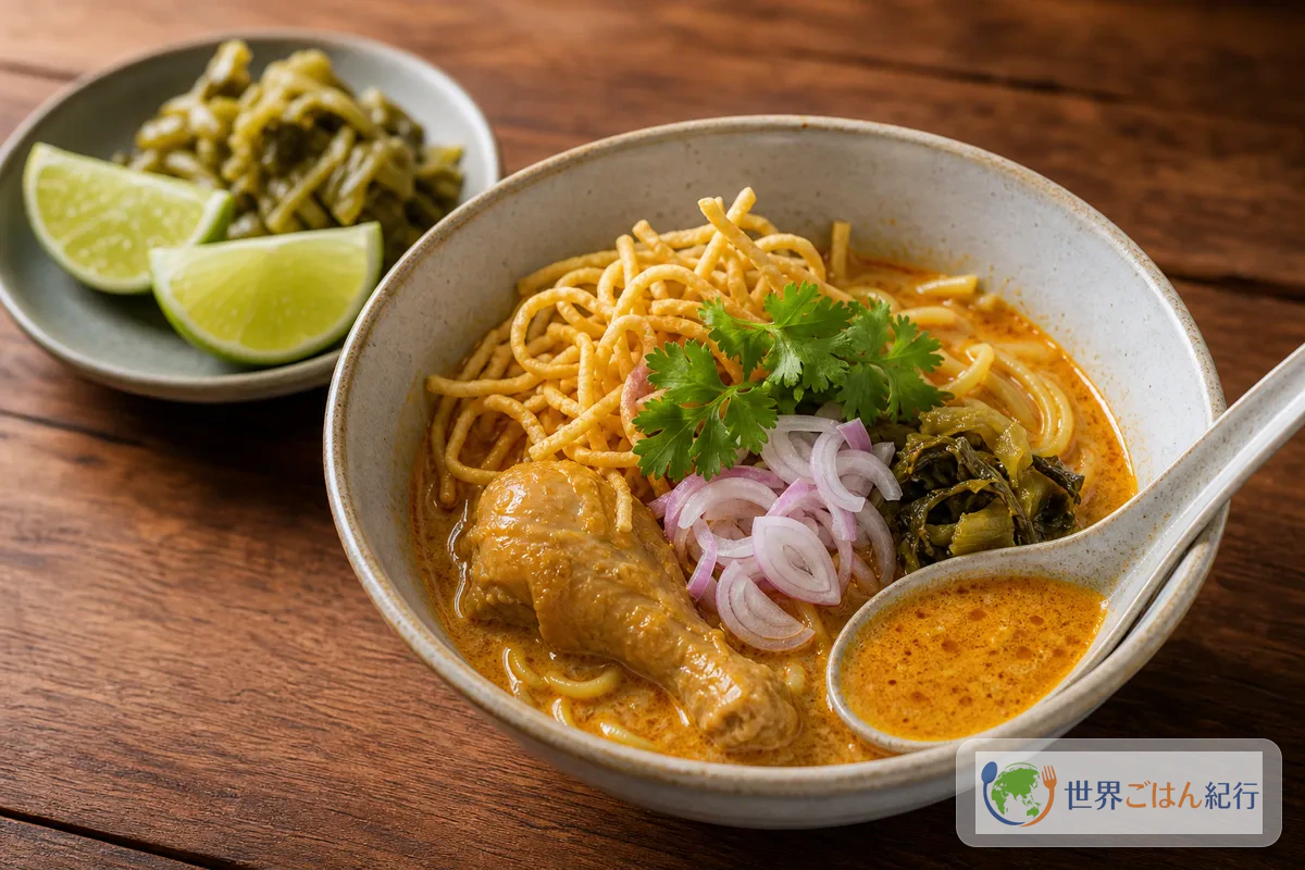 小さな器に盛ったカオソーイとライム、高菜漬けを添えた食卓