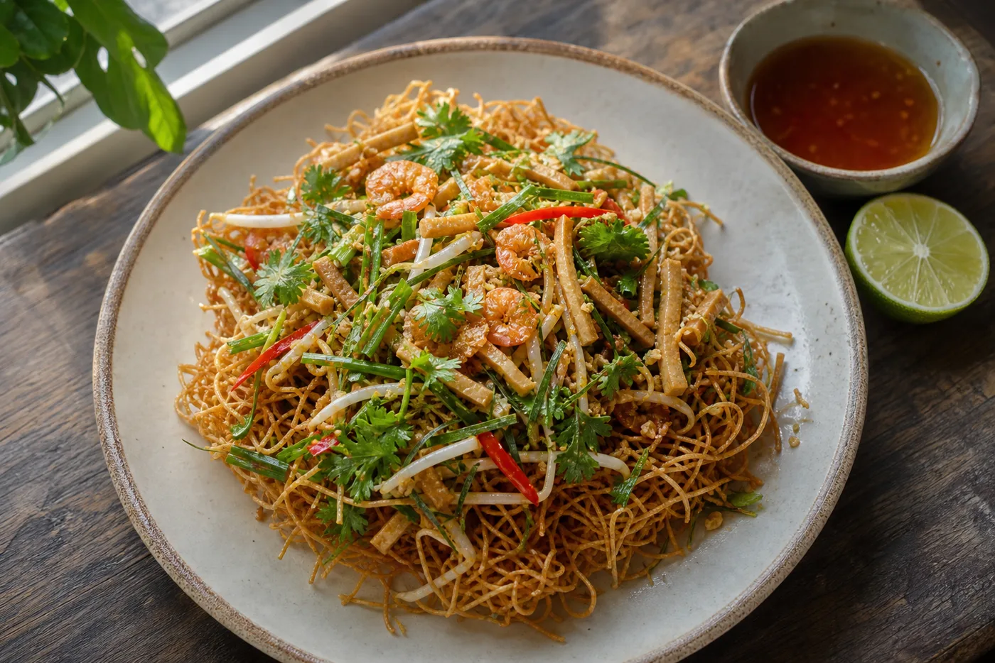 甘酸っぱいタマリンドソースを絡めたタイの揚げ米麺ミーグロープ
