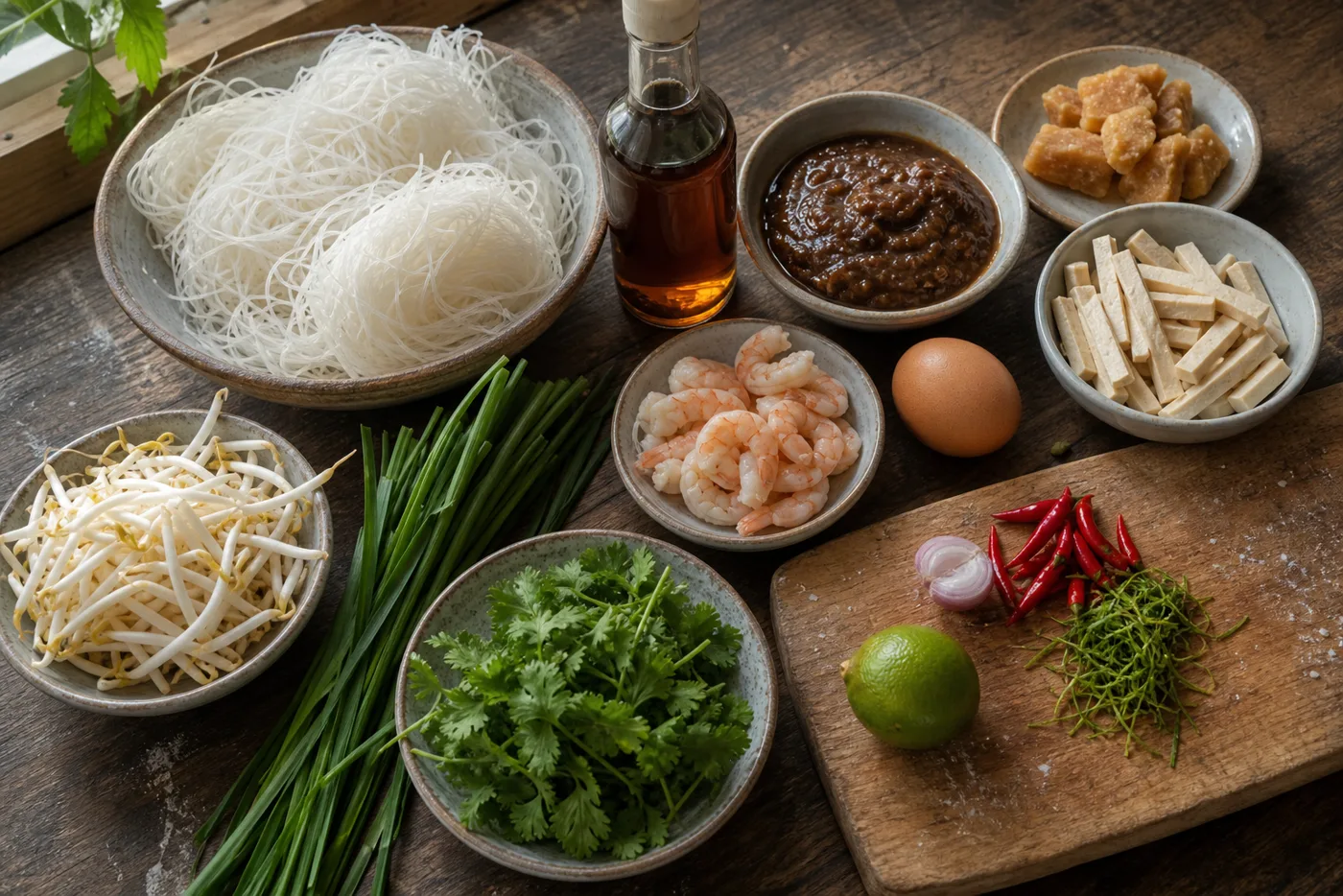 ミーグロープに使う細い米麺、タマリンド、ナンプラー、豆腐、えび、香草