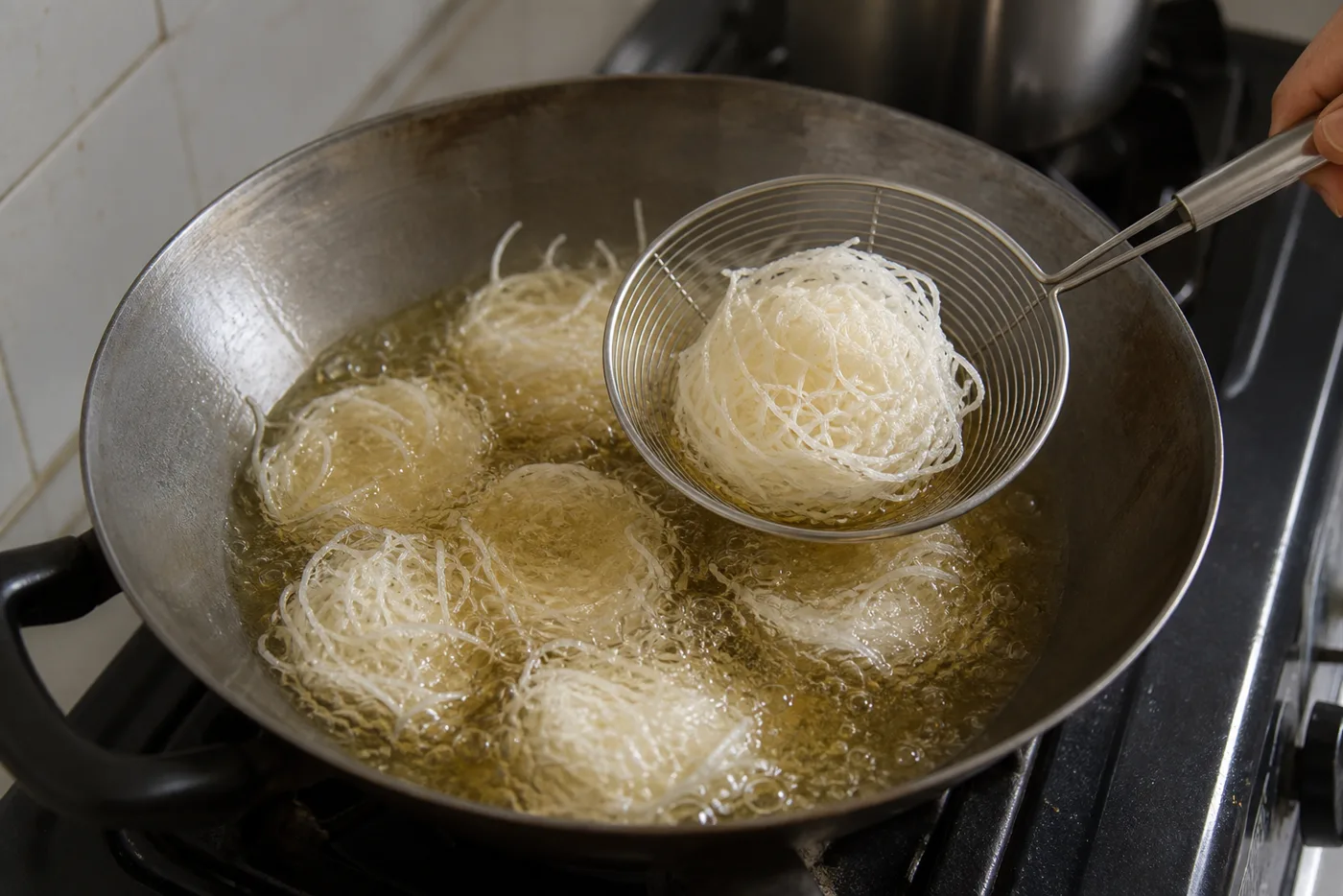手順1: 米麺を少量ずつ揚げる