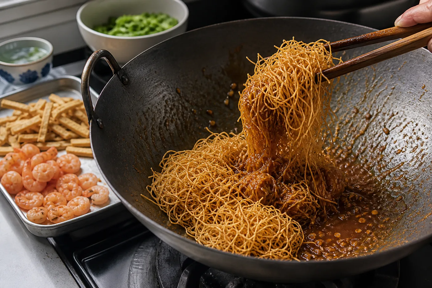 手順4: 揚げ麺にソースを薄く絡める