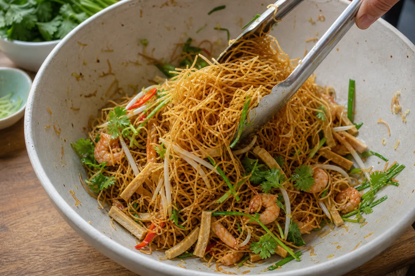手順5: 豆腐、えび、香味野菜を折り込む