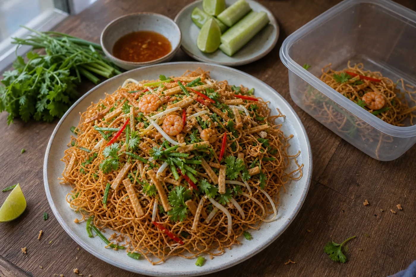 揚げ麺、ソース、香味野菜を分けて保存するミーグロープの作り置き