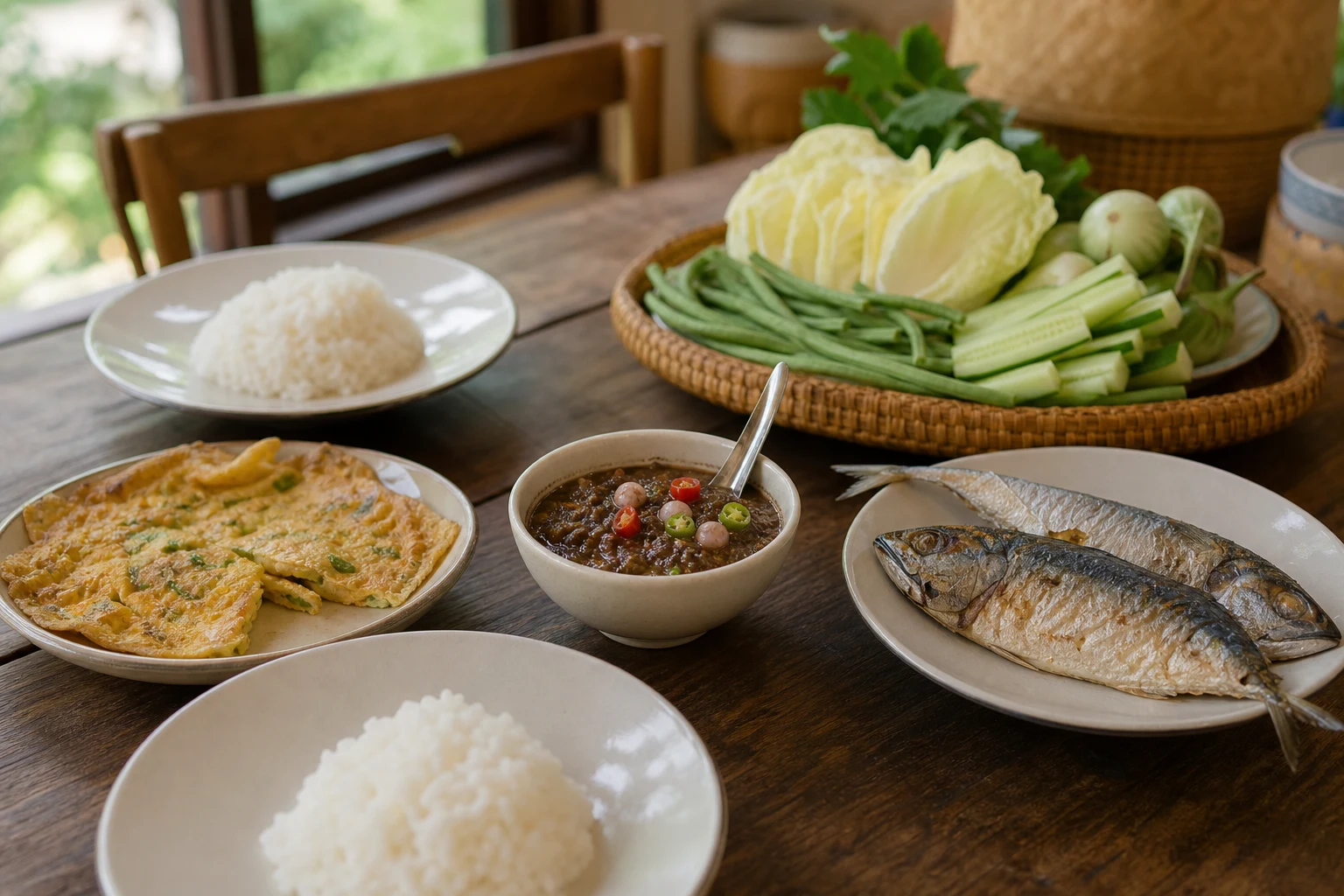 ナムプリック・カピと野菜、ジャスミンライス、焼き魚を囲むタイの食卓