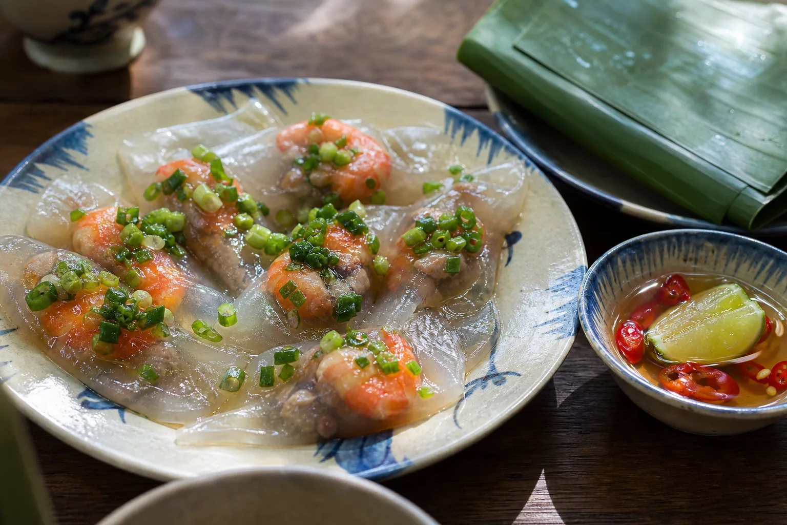 半透明の皮からえびと豚肉が透けて見えるフエ風バイン・ボット・ロック。青ねぎ油と魚醤だれを添えた一皿