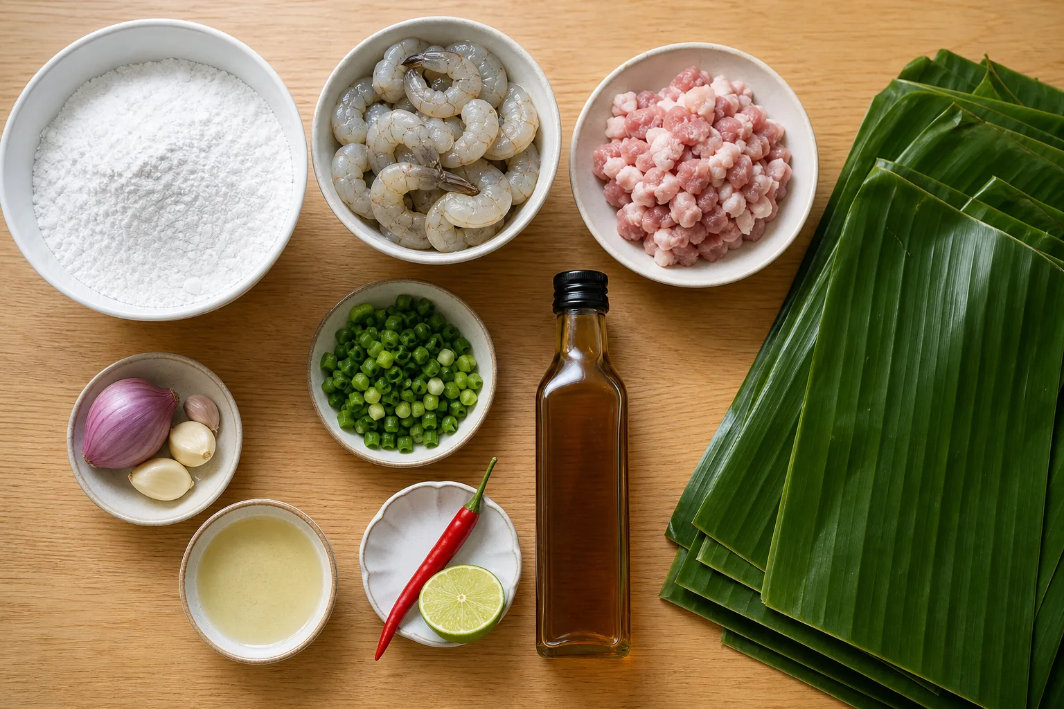 タピオカ粉、むきえび、豚バラ肉、にんにく、青ねぎ、魚醤、ライム、バナナの葉を並べた材料写真