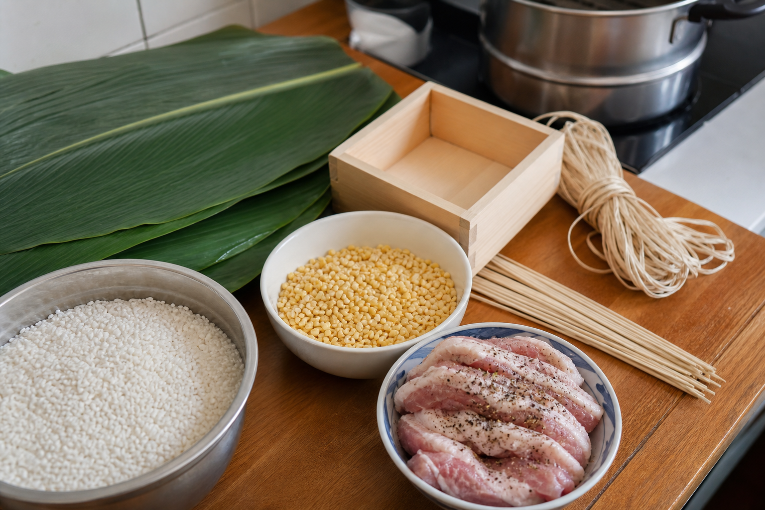 バインチュン用のもち米、緑豆、下味を付けた豚肉、バナナ葉、角型、ひも、蒸し器を台所に並べた材料