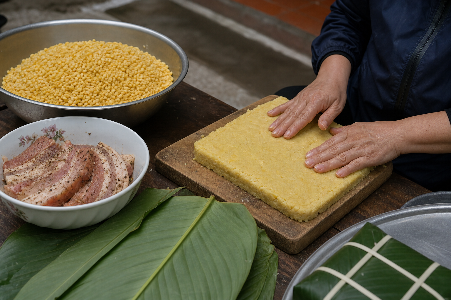 手順2: 緑豆を蒸して豚肉に下味を付ける