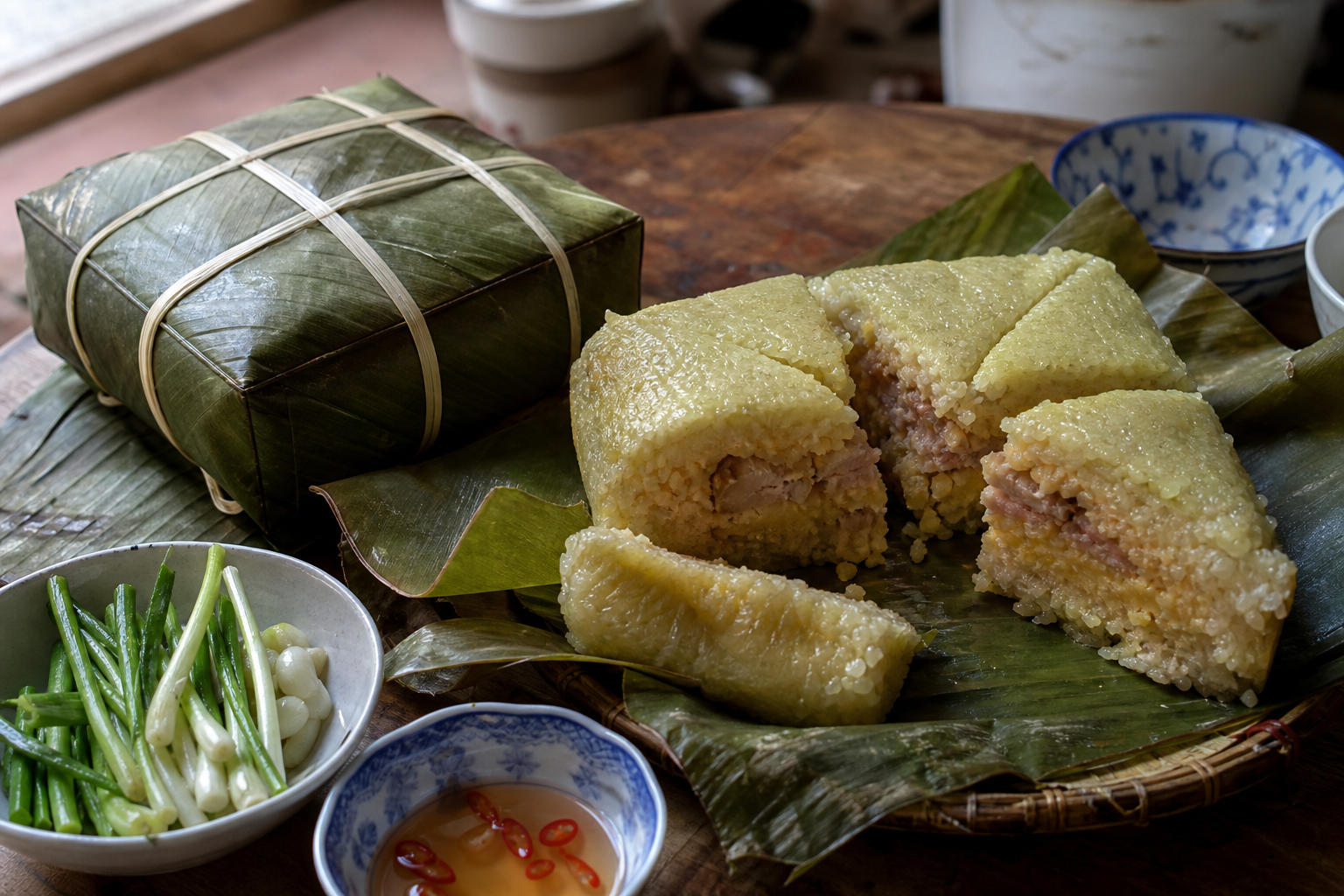 バナナ葉の上で切り分けたバインチュンと、ねぎの漬物、魚醤を並べた食卓