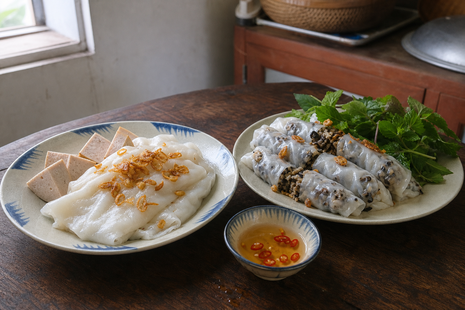 具なしの薄皮に揚げネギをのせたThanh Trì風と、豚肉餡を包んだバインクオンを並べた比較皿