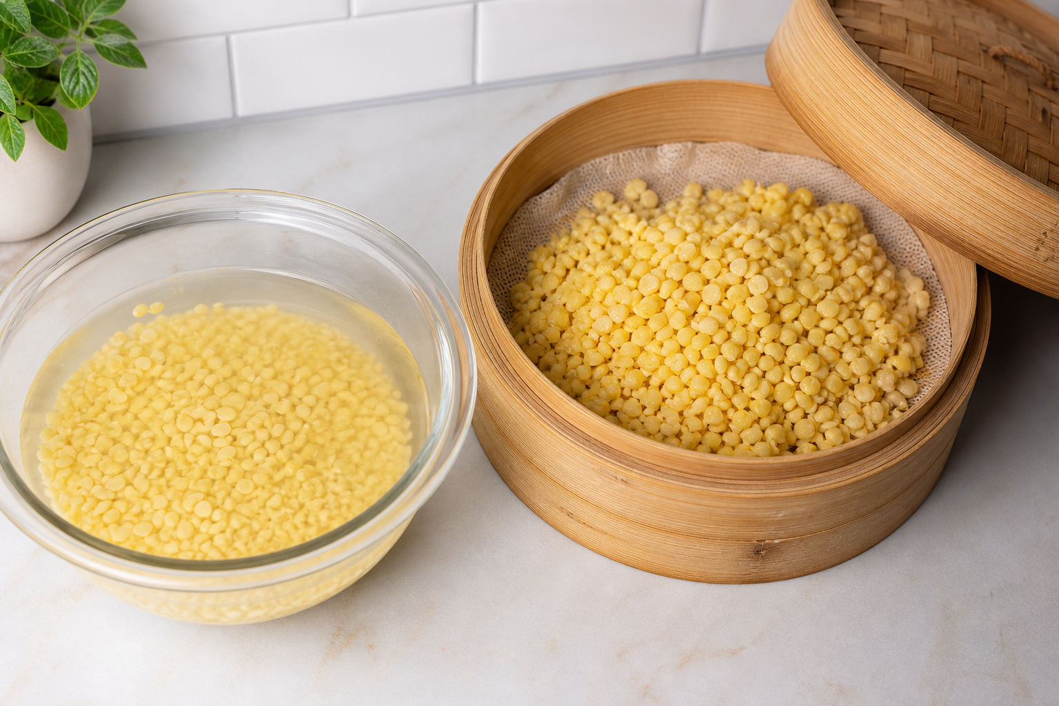 手順1: 緑豆を戻し、指でつぶれるまで蒸す