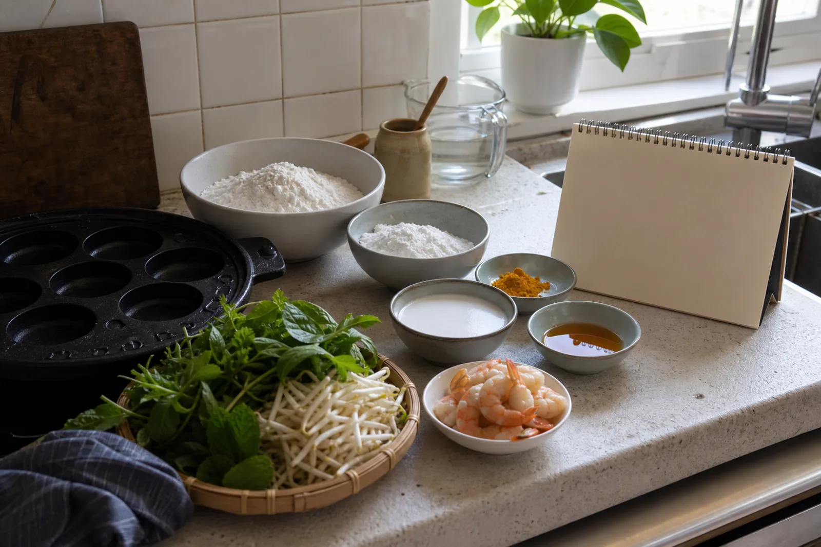 米粉、ココナッツミルク、ターメリック、魚醤、くぼみ型の焼き器を並べた買い出し準備