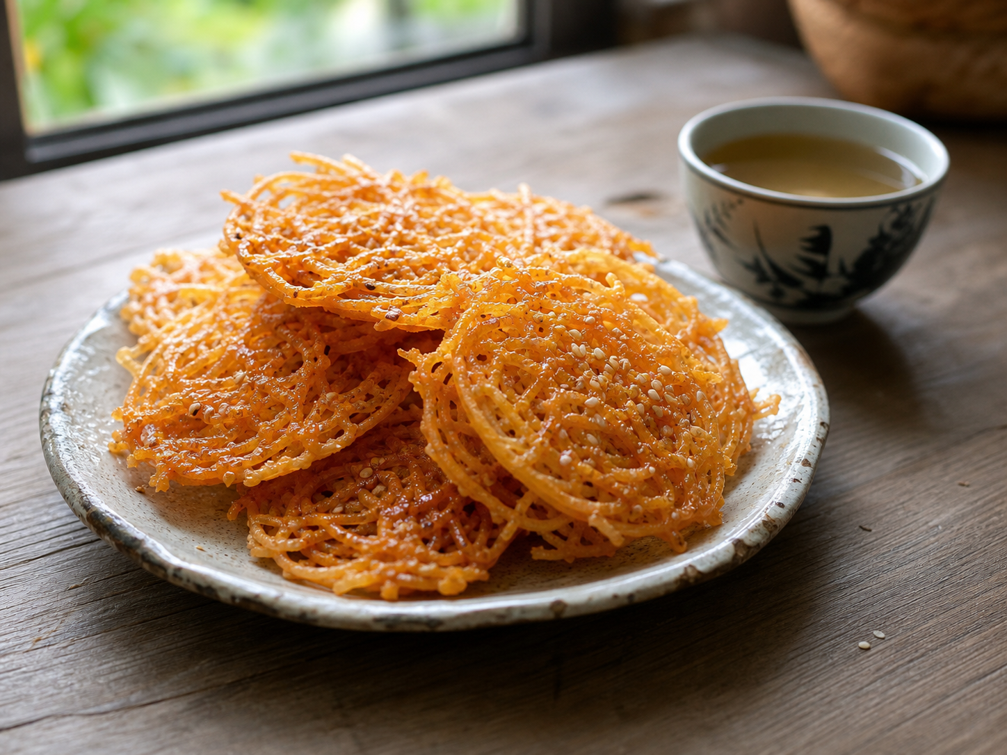 ベトナム南部のバインレー。さつまいもを細い網目状に揚げ、茶と一緒に皿へ盛った甘い揚げ菓子