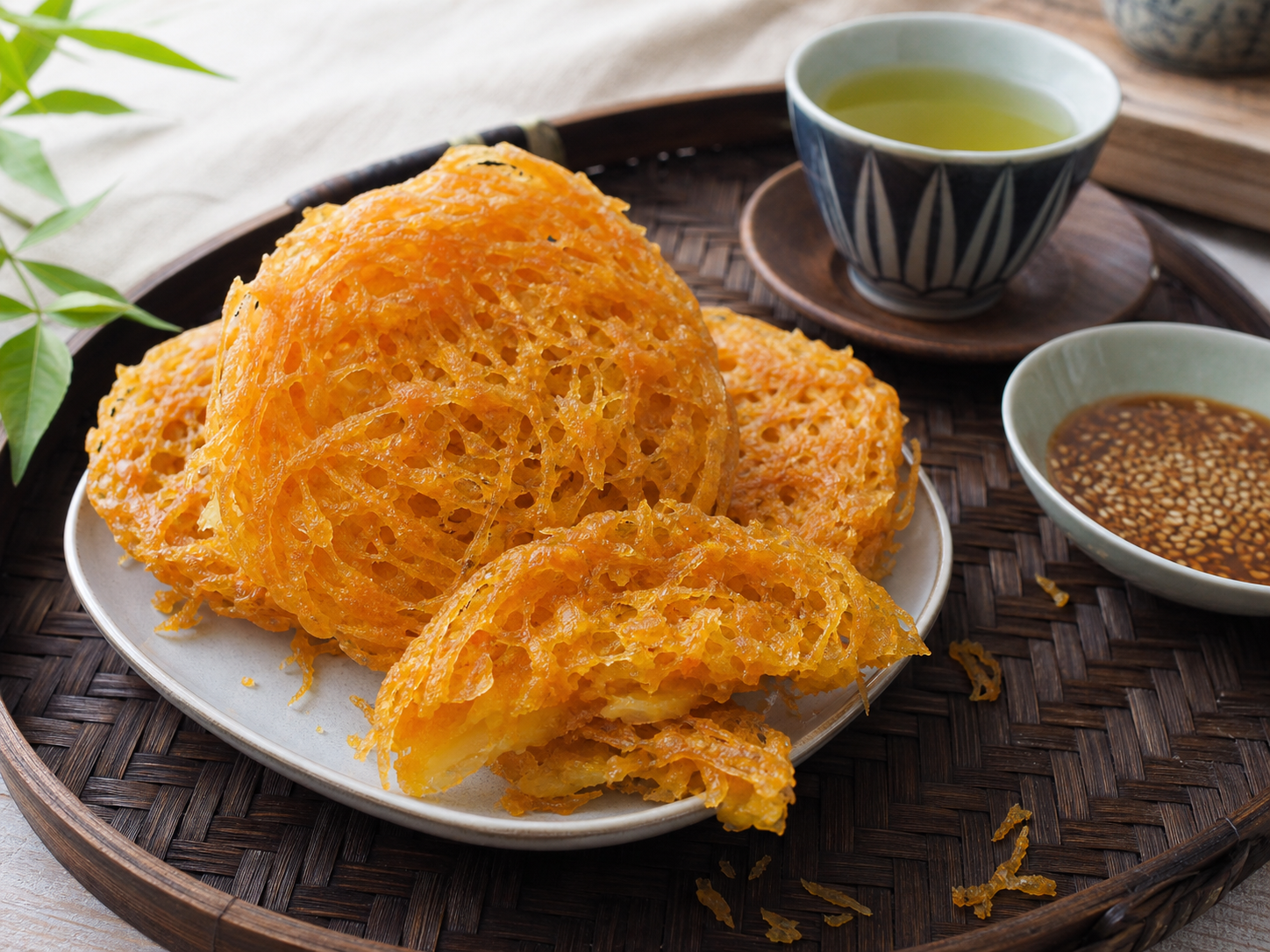 茶と一緒に皿へ盛ったバインレー。薄い網目の揚げ菓子を少し重ねて盛り、食卓に出している