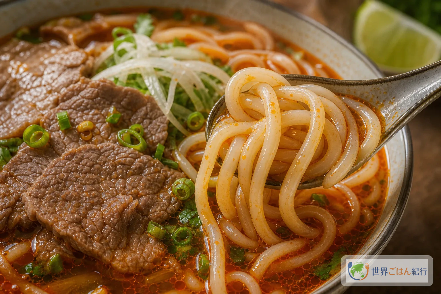 スプーンで太い米麺を持ち上げたブンボーフエの近接カット