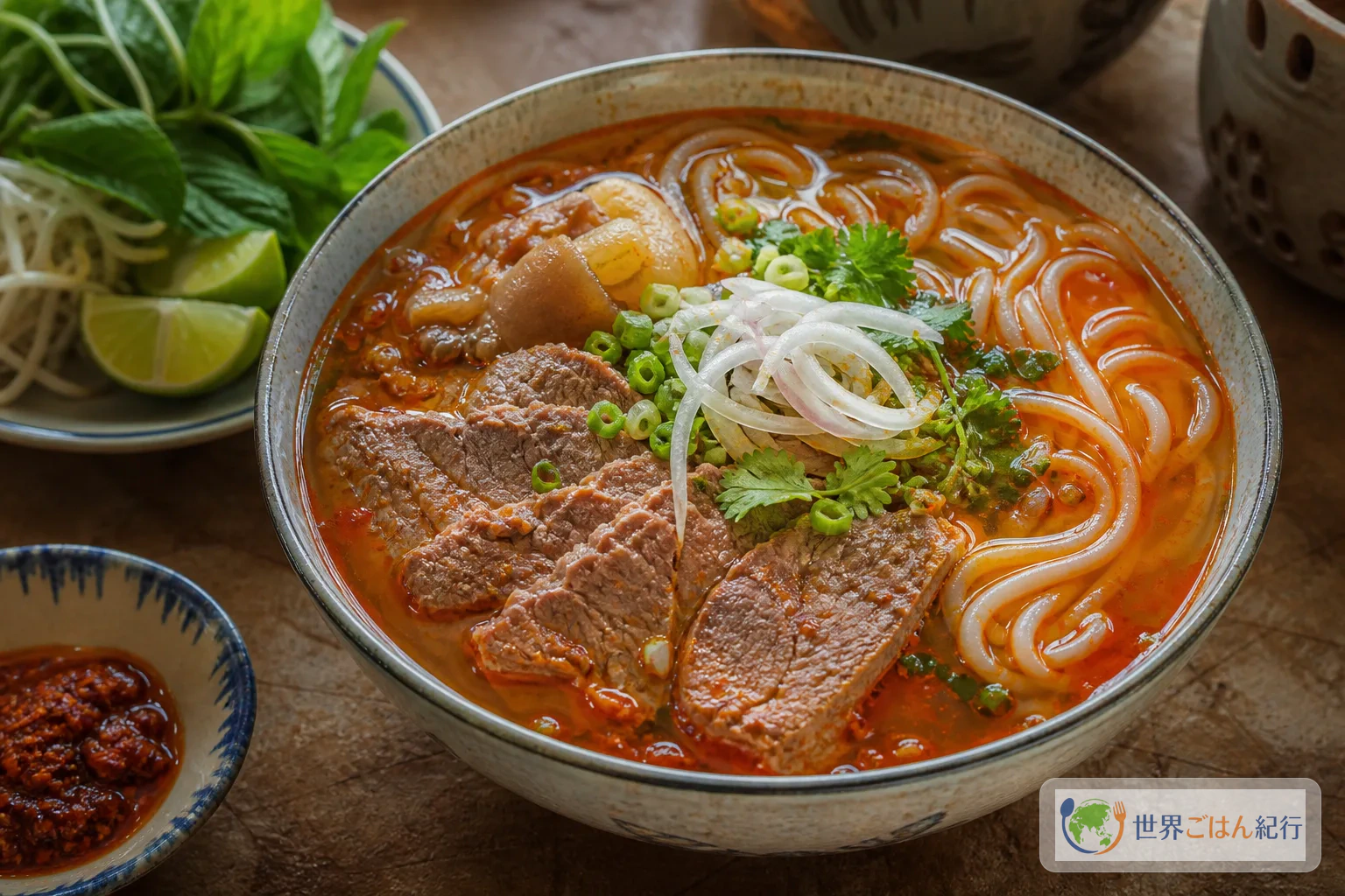 赤いだしに太い丸米麺、牛すね肉、香草をのせたベトナム中部フエのブンボーフエ
