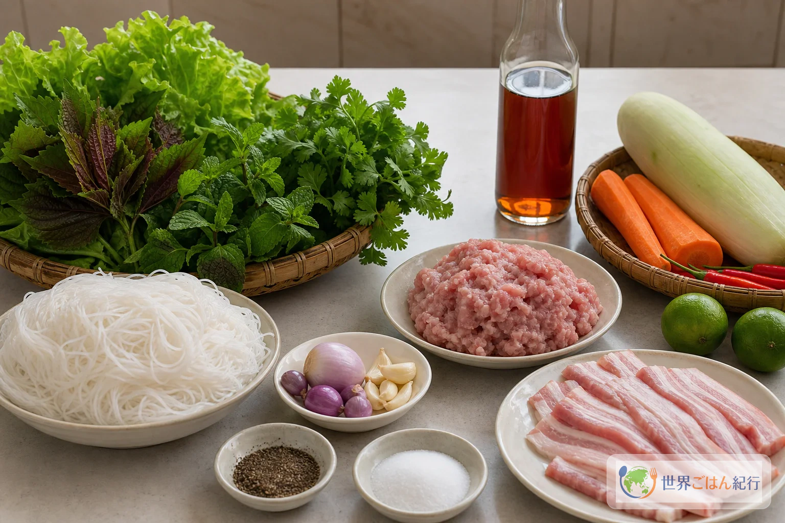 ブンチャーに使う豚肉、米麺、香草、ナンプラー、ライム、大根とにんじん