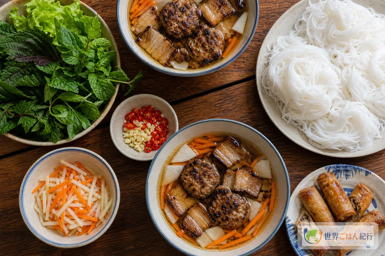 ハノイの昼食のようにブンチャー、米麺、香草、ライムを食卓に並べた様子