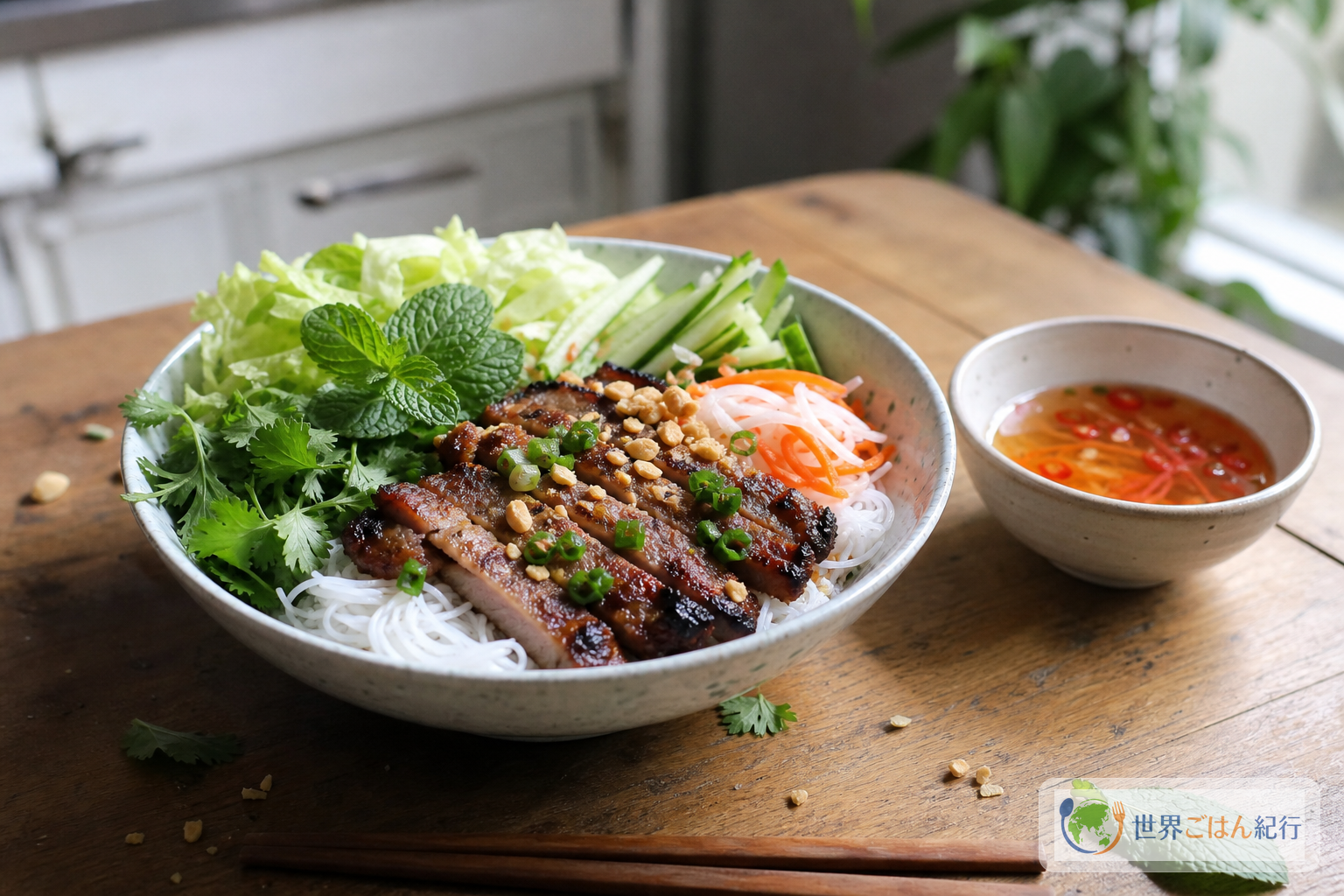 レモングラスで焼いた豚肉、米麺、香草、甘酢野菜、ヌクチャムを重ねたベトナム南部のブンティットヌン