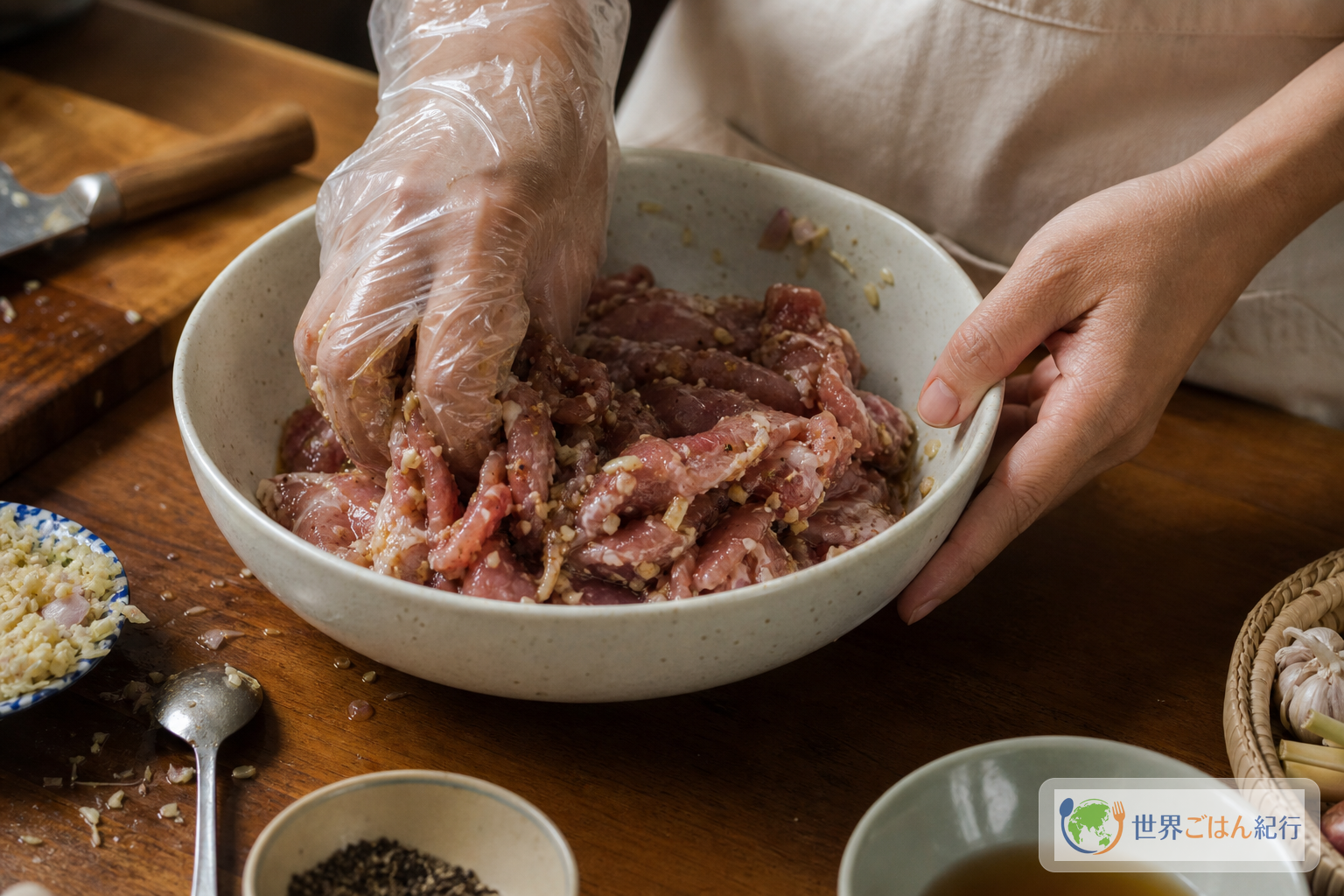 手順1: 豚肉を薄く切って下味を入れる