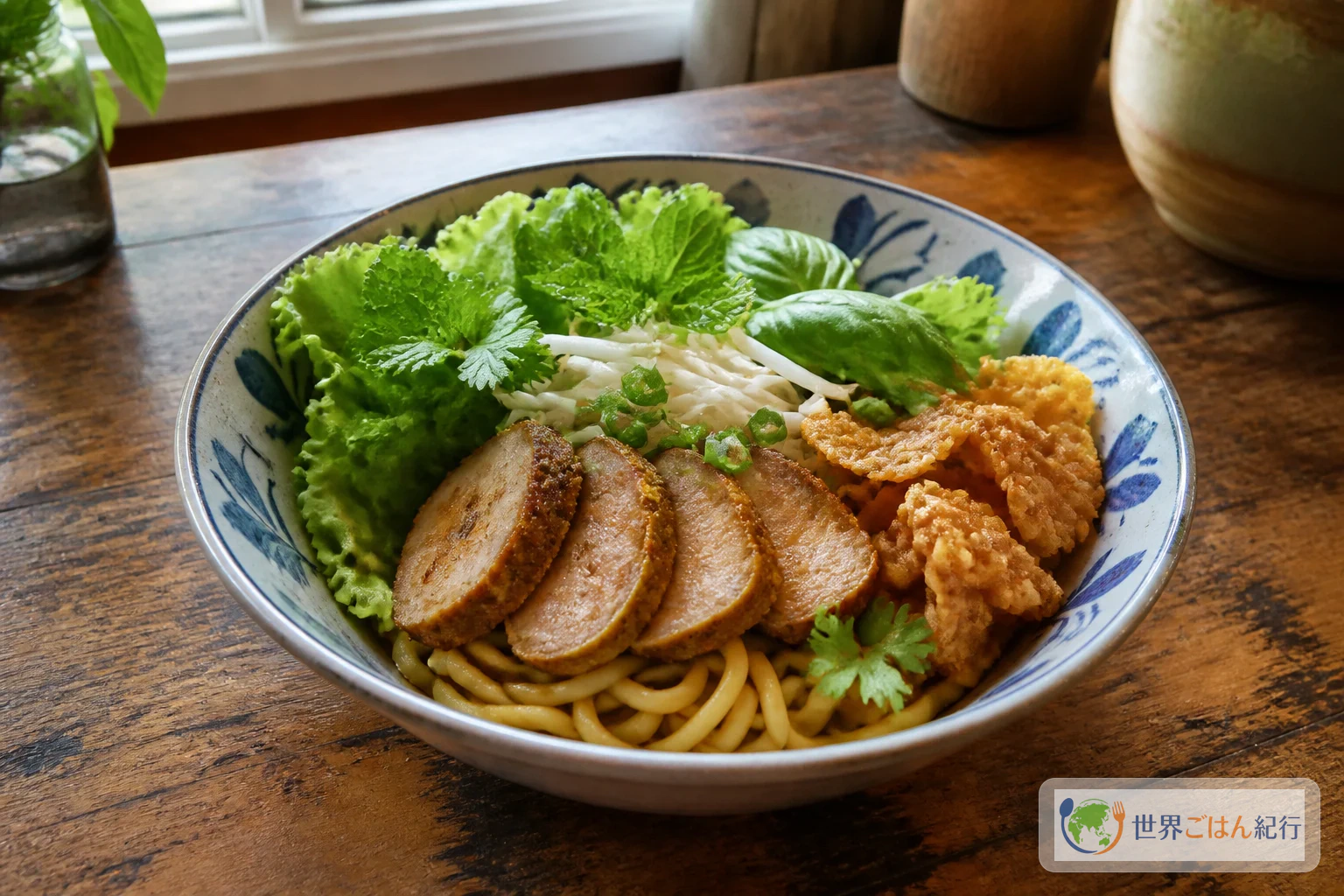 厚い米麺に香草、豚肉、もやし、揚げた皮をのせたホイアンのカオ・ラウ